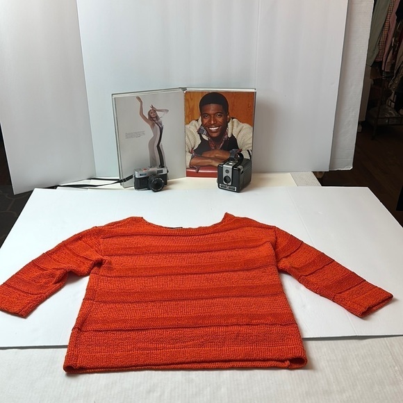 Chaps Denim mesh sweater top 74% cotton, 26% polyester. In an orange color - Picture 1 of 9
